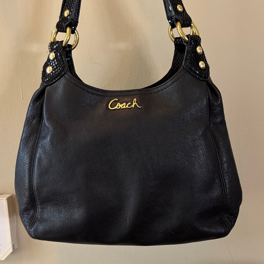 Coach Ashley Hobo Black Leather Shoulder Bag with Gold Script Logo - Picture 1 of 10